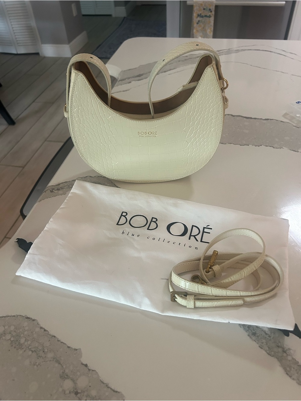 EUC Bob Ore Blue Collection Naomi Crescent Croc Embossed Bag Ivory With Dust Bag